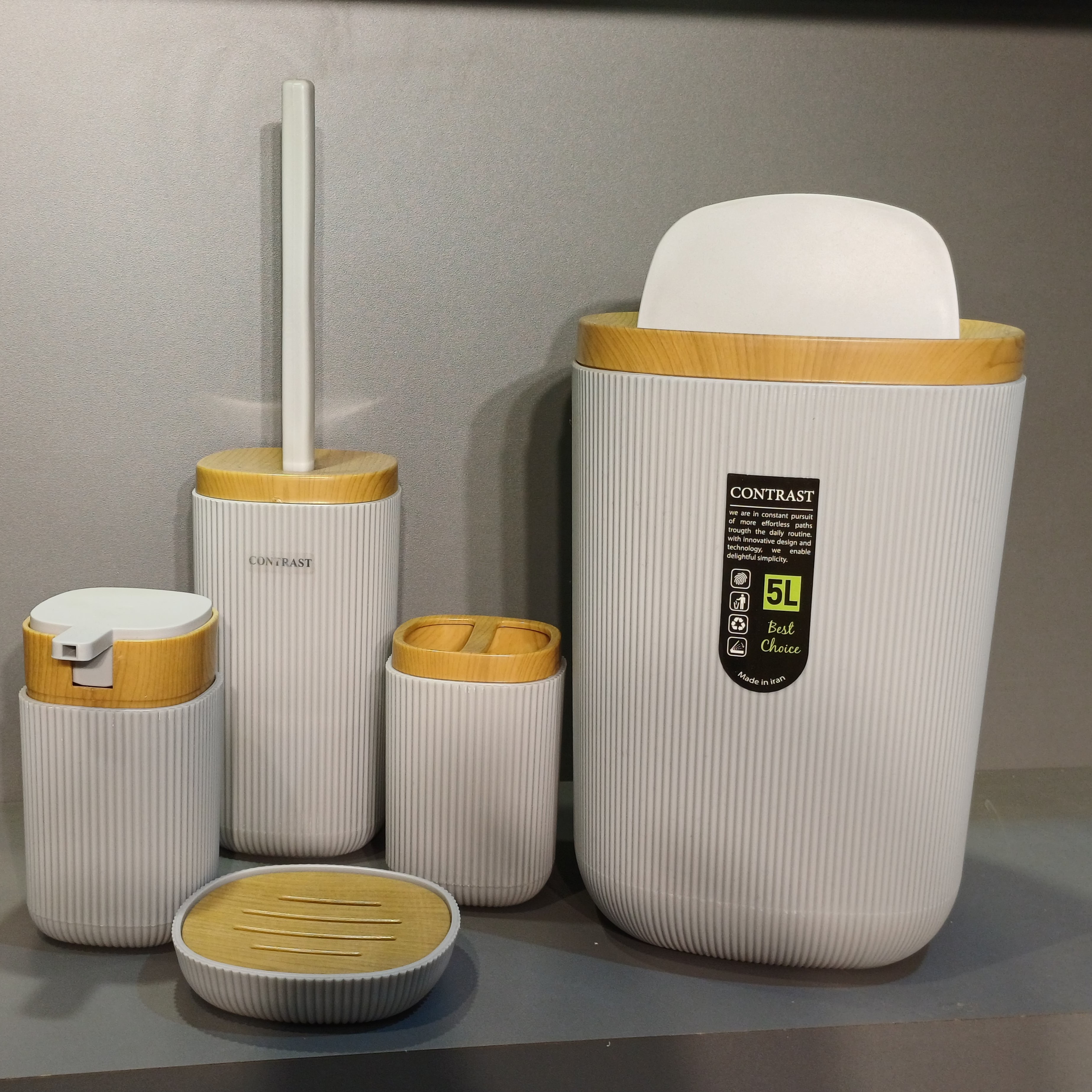 ست سرویس بهداشتی 5 پارچه کنتراست مدل روما طوسی روشن چوب