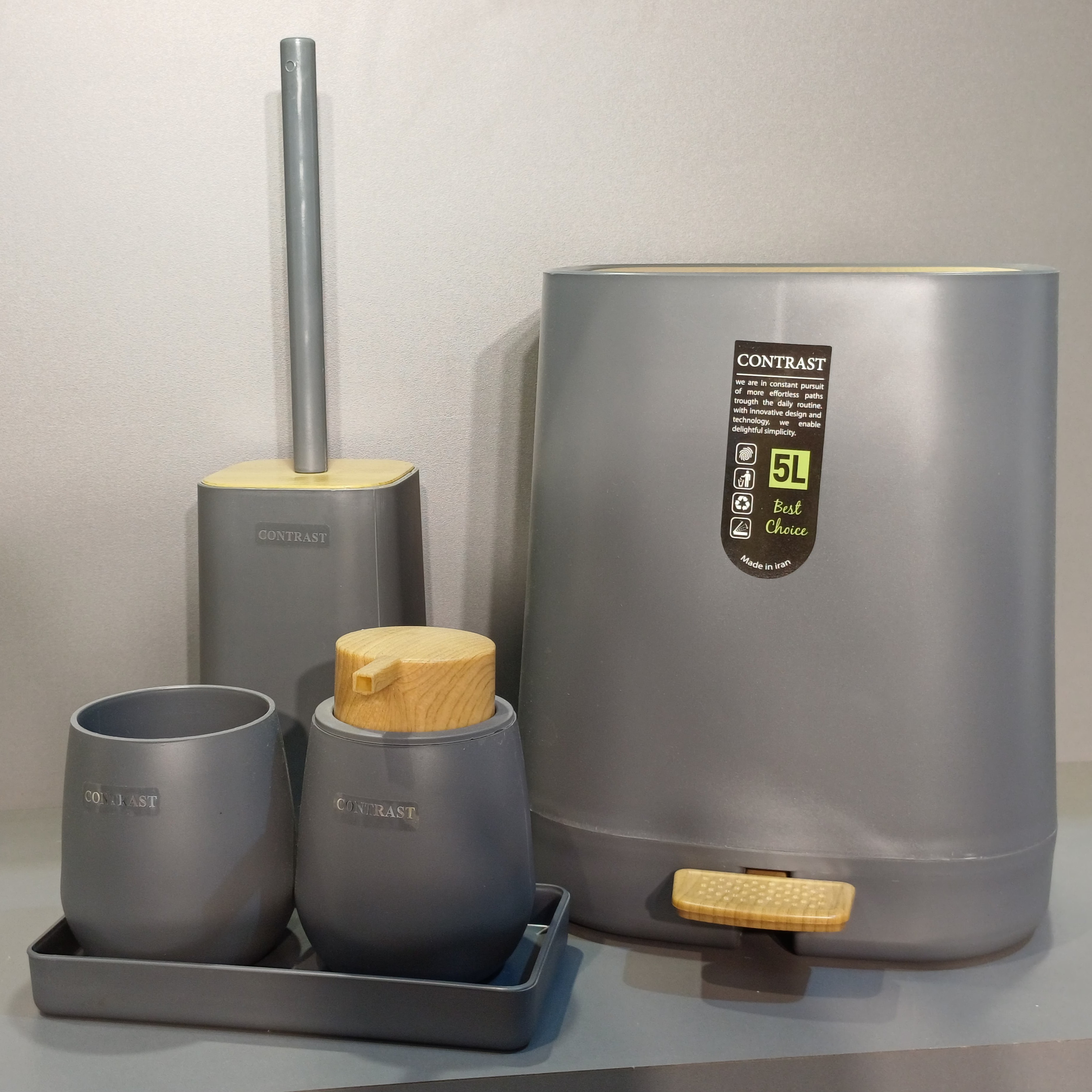 ست سرویس بهداشتی 5 پارچه کنتراست مدل میامی طوسی تیره چوب